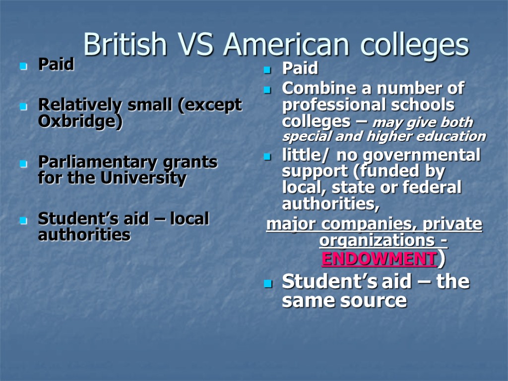 British VS American colleges Paid Relatively small (except Oxbridge) Parliamentary grants for the University